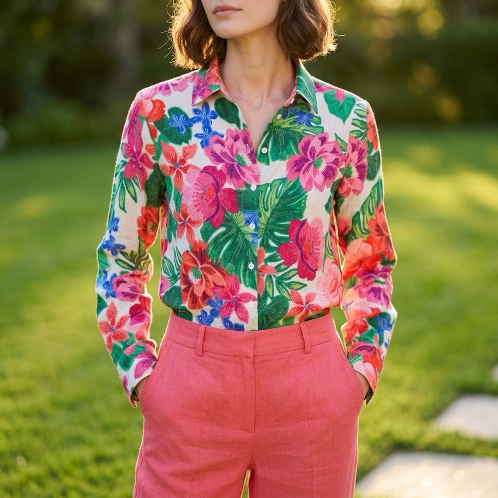 C by One Tropical Floral Button Down Shirt Pink Green XS Resort Vacation Miami
